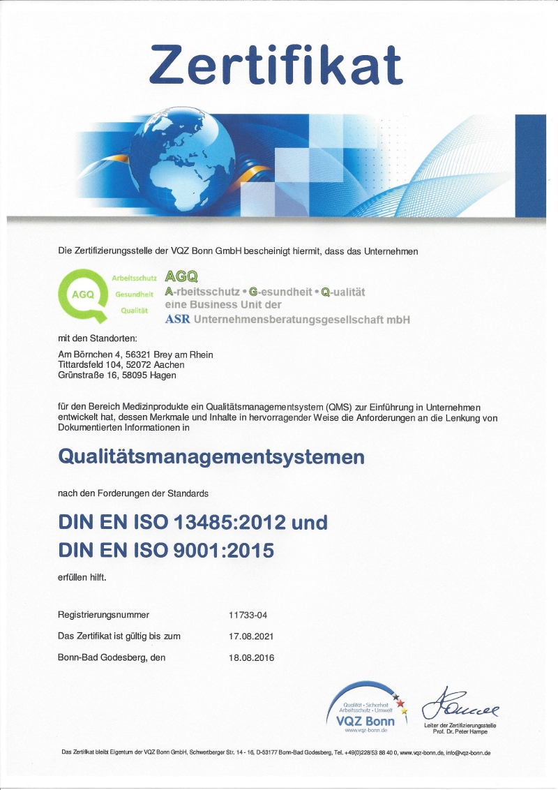 Zertifikat VQZ Bonn nach DIN EN ISO 9001 plus DIN EN ISO 13485 Medizinprodukte
