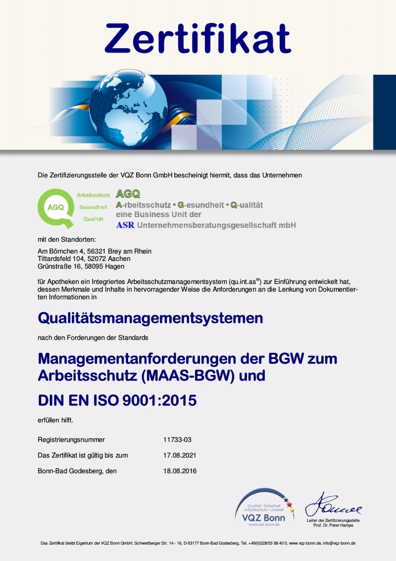 Zertifikat VQZ Bonn nach MAAS BGW fr AGQ Apotheken