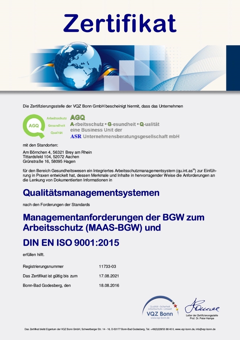 Zertifikat VQZ Bonn nach MAAS BGW fr AGQ
